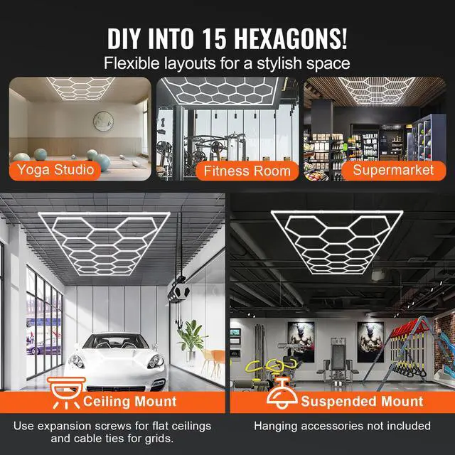Alt view image 4 of 8 - VEVOR  Hexagon Garage Lights 66300LM 15 Grids Honeycomb LED Shop Ceiling Light
