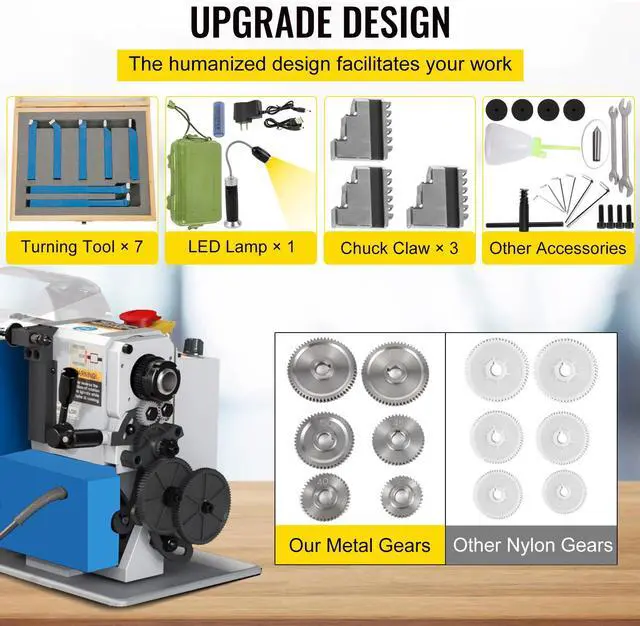 Alt view image 5 of 7 - Compact Metal Lathe, 7"x14", Desktop Metalworking Lathe, 550W, Adjustable Speed up to 2250 RPM, Includes 3-jaw Chuck and Digital Display, Precision Crafting Lathe with Tool Box for Metalworki