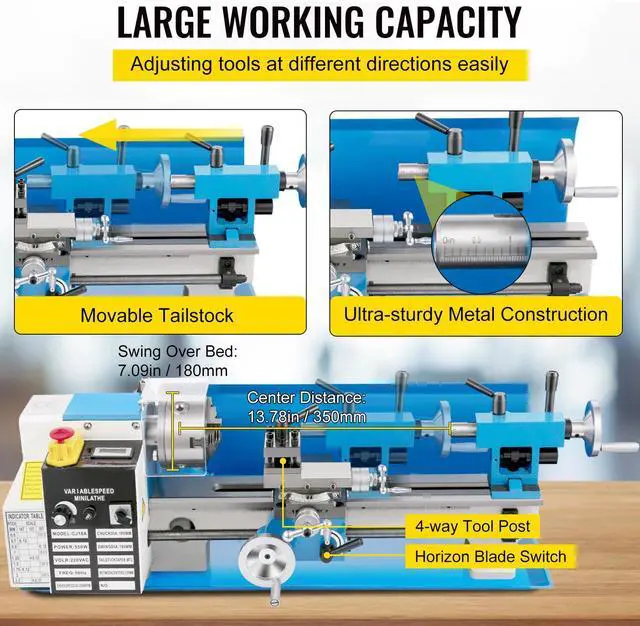 Alt view image 4 of 7 - Compact Metal Lathe, 7"x14", Desktop Metalworking Lathe, 550W, Adjustable Speed up to 2250 RPM, Includes 3-jaw Chuck and Digital Display, Precision Crafting Lathe with Tool Box for Metalworki