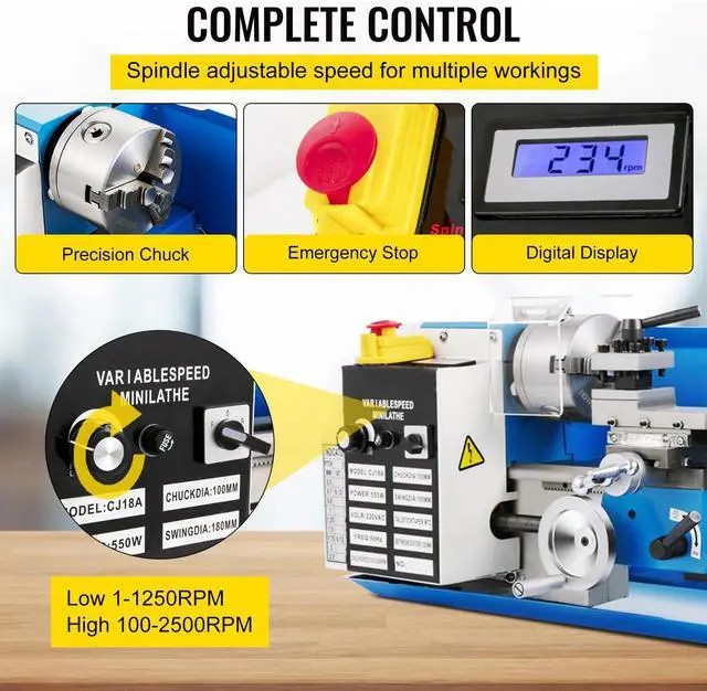 Alt view image 6 of 7 - Compact Metal Lathe, 7"x14", Desktop Metalworking Lathe, 550W, Adjustable Speed up to 2250 RPM, Includes 3-jaw Chuck and Digital Display, Precision Crafting Lathe with Tool Box for Metalworki