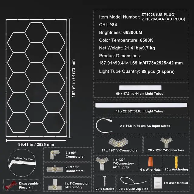 Alt view image 8 of 8 - VEVOR  Hexagon Garage Lights 66300LM 15 Grids Honeycomb LED Shop Ceiling Light