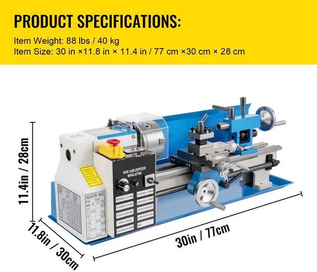 Alt view image 7 of 7 - Compact Metal Lathe, 7"x14", Desktop Metalworking Lathe, 550W, Adjustable Speed up to 2250 RPM, Includes 3-jaw Chuck and Digital Display, Precision Crafting Lathe with Tool Box for Metalworki