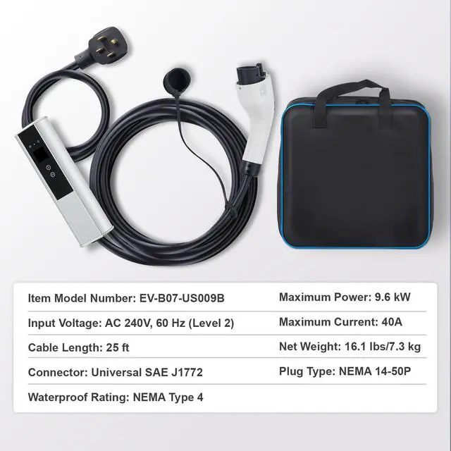 Alt view image 14 of 14 - VEVOR Level 2 Portable EV Charger, 40A 240V, Electric Vehicle Charger with 25 ft Charging Cable NEMA 14-50P Plug, 40A/32A/24A/16A Adjustable Current Plug-in Home EV Charging Station for SAE J1772 EVs