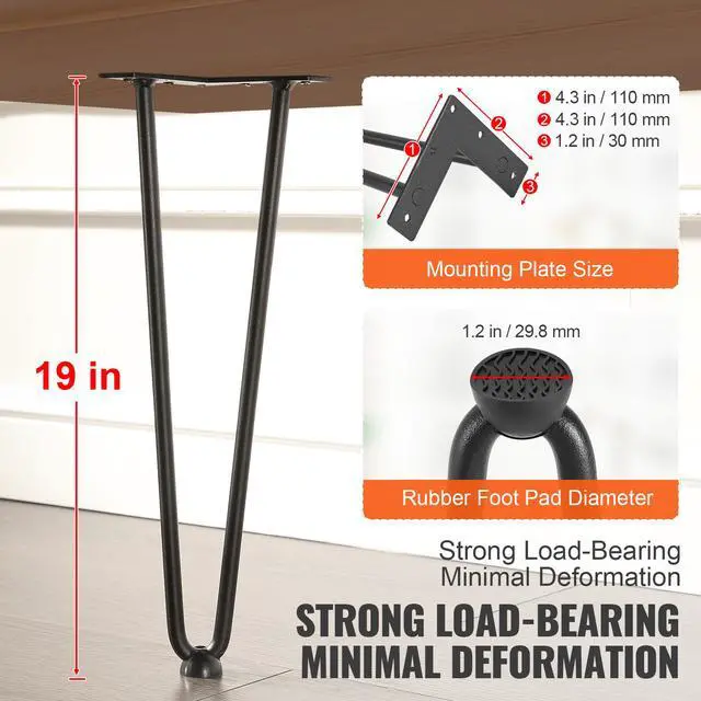Alt view image 9 of 14 - VEVOR 19" Hairpin Furniture Legs, Metal Home DIY Projects for Nightstand, Coffee Table, Desk, 500lbs Load Capacity with Rubber Floor Protectors, Metal Heavy Duty Sturdy Modern Table Legs, 4PCS Black