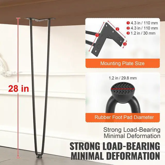 Alt view image 9 of 14 - VEVOR 28" Hairpin Furniture Legs, Metal Home DIY Projects for Nightstand, Coffee Table, Desk, 500lbs Load Capacity with Rubber Floor Protectors, Metal Heavy Duty Sturdy Modern Table Legs, 4PCS Black