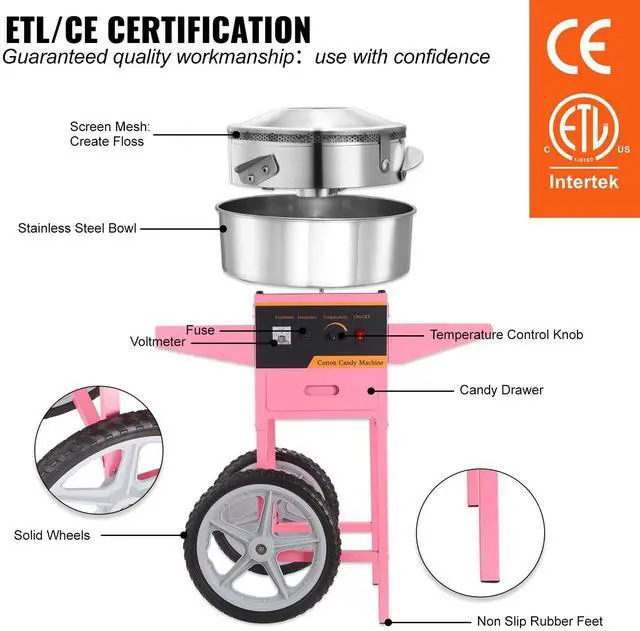 Alt view image 11 of 14 - VEVOR Electric Cotton Candy Machine with Cart, 1000W Commercial Floss Maker with Stainless Steel Bowl, Sugar Scoop and Drawer, Perfect for Home, Kids Birthday, Family Party, Pink