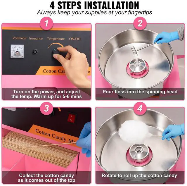 Alt view image 12 of 14 - VEVOR Electric Cotton Candy Machine with Cart, 1000W Commercial Floss Maker with Stainless Steel Bowl, Sugar Scoop and Drawer, Perfect for Home, Kids Birthday, Family Party, Pink