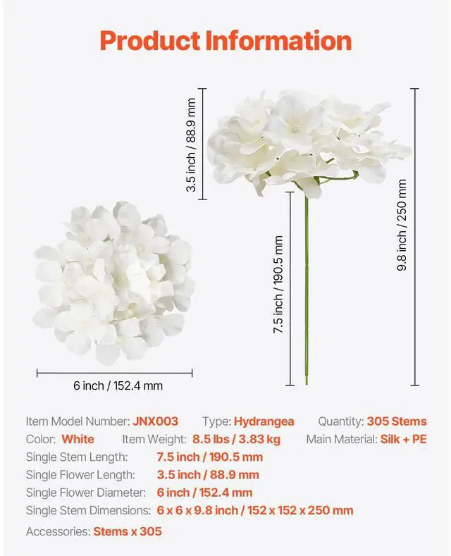 Alt view image 8 of 8 - 305 Pcs Artificial Silk Hydrangea Flowers 9.8 In Bouquet Arrangement White