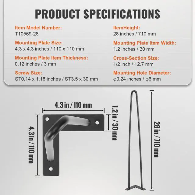 Alt view image 14 of 14 - VEVOR 28" Hairpin Furniture Legs, Metal Home DIY Projects for Nightstand, Coffee Table, Desk, 500lbs Load Capacity with Rubber Floor Protectors, Metal Heavy Duty Sturdy Modern Table Legs, 4PCS Black