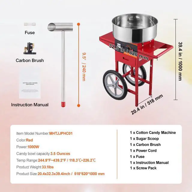 Alt view image 14 of 14 - VEVOR  Electric Cotton Candy Machine with Cart, 1000W Commercial Candy Floss Maker with Stainless Steel Bowl, Sugar Scoop and Drawer, Perfect for Home, Kids Birthday, Family Party, Red