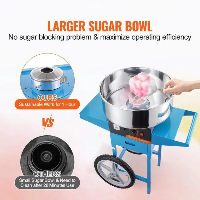 Alt view image 9 of 14 - VEVOR  Electric Cotton Candy Machine with Cart, 1000W Commercial Candy Floss Maker with Stainless Steel Bowl, Sugar Scoop and Drawer, Perfect for Home, Kids Birthday, Family Party, Blue