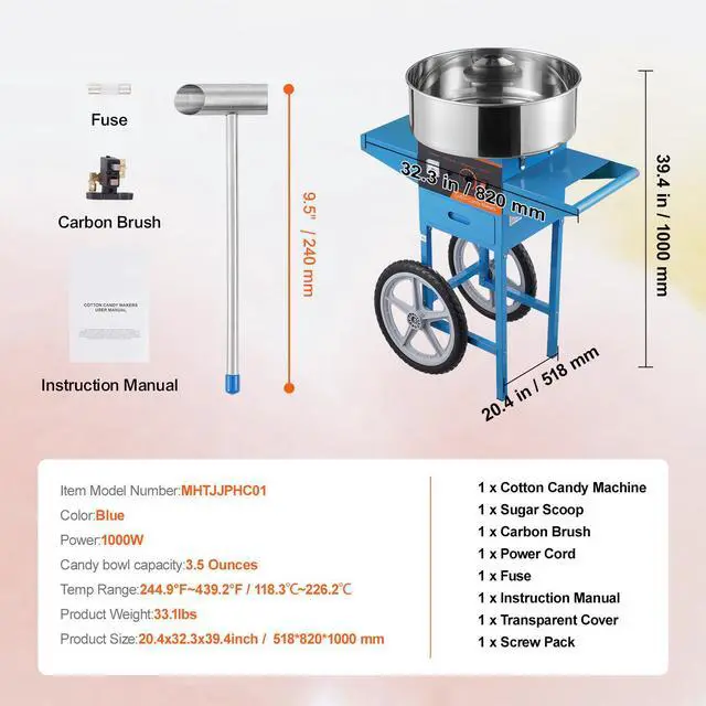 Alt view image 14 of 14 - VEVOR  Electric Cotton Candy Machine with Cart, 1000W Commercial Candy Floss Maker with Stainless Steel Bowl, Sugar Scoop and Drawer, Perfect for Home, Kids Birthday, Family Party, Blue