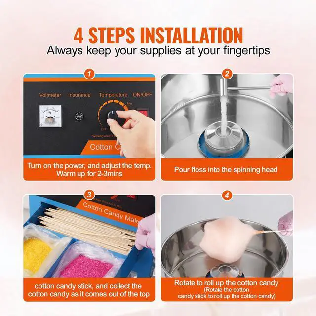 Alt view image 12 of 14 - VEVOR  Electric Cotton Candy Machine with Cart, 1000W Commercial Candy Floss Maker with Stainless Steel Bowl, Sugar Scoop and Drawer, Perfect for Home, Kids Birthday, Family Party, Blue