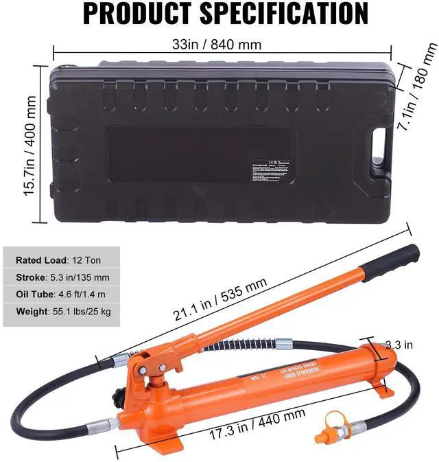 Alt view image 15 of 15 - VEVOR 12 Ton Porta Power Kit, Hydraulic Ram with Pump with 4.6 ft/1.4 m Oil Hose, Portable Hydraulic Jack with Storage Case for Automotive, Garage, Farm, Mechanic (26455 LBS)