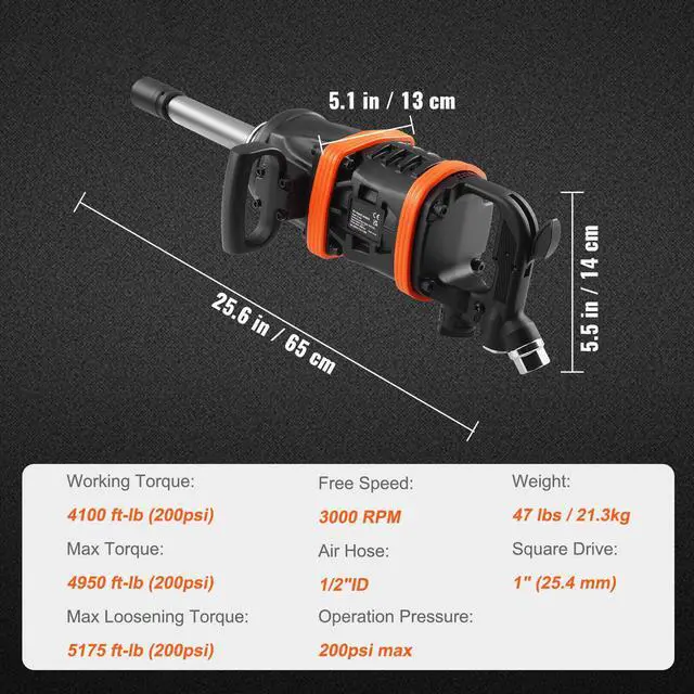 Alt view image 14 of 14 - VEVOR 1 Inch Air Impact Wrench, Up to 5175 ft-lbs Beast Reverse Torque Output Pneumatic Impact Gun w/ 8 Inch Extended Anvil for Repairs and Maintenance of Heavy Duty Machinery / Semi-Truck / Bus