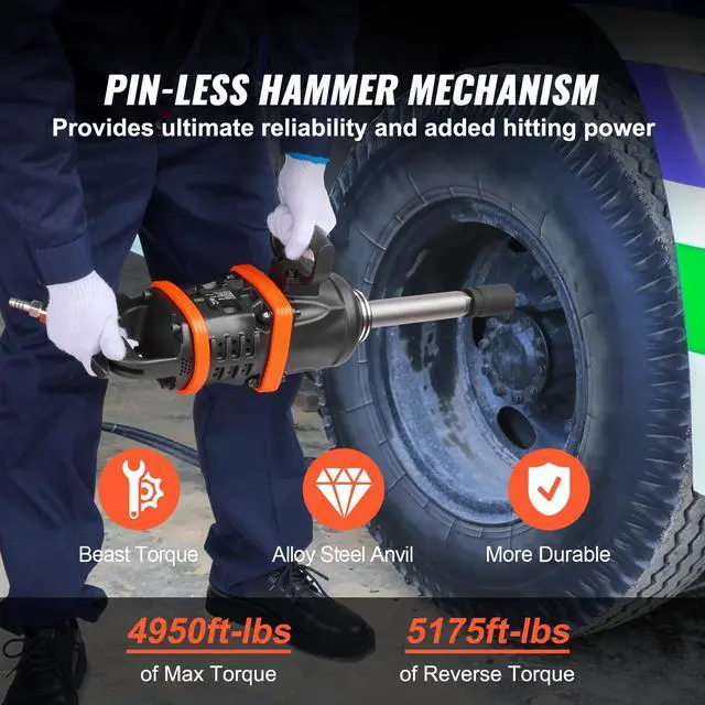 Alt view image 9 of 14 - VEVOR 1 Inch Air Impact Wrench, Up to 5175 ft-lbs Beast Reverse Torque Output Pneumatic Impact Gun w/ 8 Inch Extended Anvil for Repairs and Maintenance of Heavy Duty Machinery / Semi-Truck / Bus