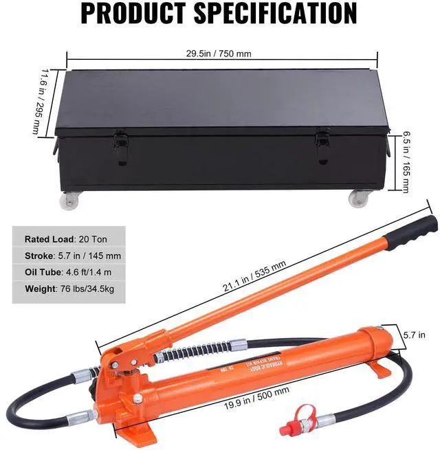 Alt view image 15 of 15 - VEVOR 20 Ton Porta Power Kit, Portable Hydraulic Jack with 4.6 ft/1.4 m Oil Hose, Car Frame Repair Tool with Storage Case for Automotive, Heavy Equipment, Mechanic (44000 LBS)