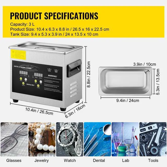 Alt view image 7 of 7 - 3L Upgraded Ultrasonic Cleaner (200W Heater,120W Ultrasonic) Professional Digital Lab Ultrasonic Parts Cleaner with Heater Timer for Jewelry Glasses Parts Cleaning