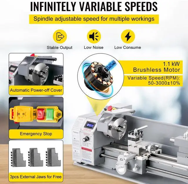 Alt view image 4 of 7 - Metal Lathe 8.7 x 29.5 Inch/220 x 750MM Mini Metal Lathe 1.1KW Infinitely Variable Speed  Mini Lathe Machine  LED Screen for Counter Face Turning Driling