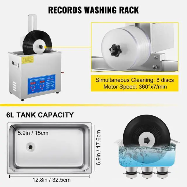 Alt view image 6 of 7 - Ultrasonic Cleaner 6L Ultrasonic Vinyl Cleaner 7-12 Inch 8 Records Ultrasonic Vinyl Cleaning Machine 180W Ultrasonic Records Cleaner with Drying Rack for Home Store
