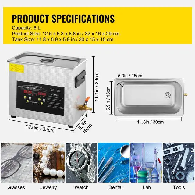 Alt view image 7 of 7 - 6L Upgraded Ultrasonic Cleaner (400W Heater,180W Ultrasonic) Professional Digital Lab Ultrasonic Parts Cleaner with Heater Timer for Jewelry Glasses Instruments Cleaning