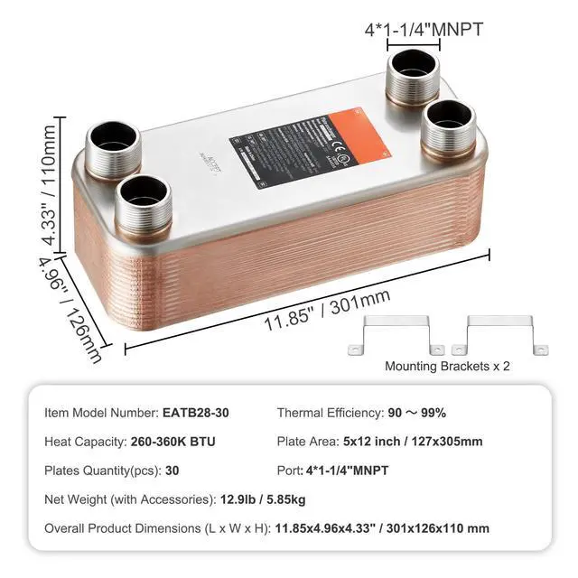 Alt view image 8 of 8 - VEVOR Heat Exchanger, 5"x 12" 30 Plates Brazed Plate Heat Exchanger, Copper/316L Stainless Steel Water To Water Heat Exchanger For Floor Heating, Water Heating, Snow Melting, Beer Cooling