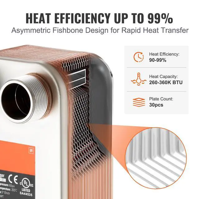 Alt view image 4 of 8 - VEVOR Heat Exchanger, 5"x 12" 30 Plates Brazed Plate Heat Exchanger, Copper/316L Stainless Steel Water To Water Heat Exchanger For Floor Heating, Water Heating, Snow Melting, Beer Cooling