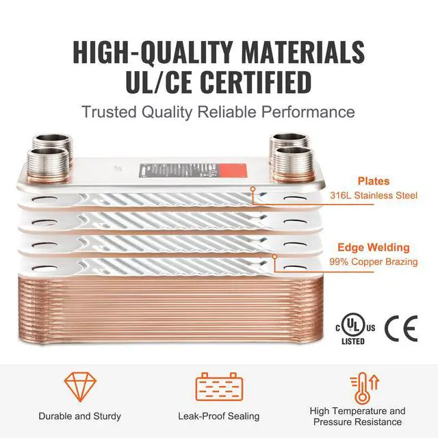 Alt view image 3 of 8 - VEVOR Heat Exchanger, 5"x 12" 30 Plates Brazed Plate Heat Exchanger, Copper/316L Stainless Steel Water To Water Heat Exchanger For Floor Heating, Water Heating, Snow Melting, Beer Cooling