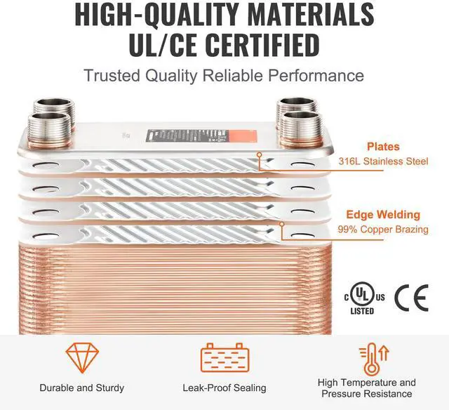 Alt view image 3 of 8 - VEVOR Heat Exchanger, 5"x 12" 50 Plates Brazed Plate Heat Exchanger, Copper/316L Stainless Steel Water To Water Heat Exchanger For Floor Heating, Water Heating, Snow Melting, Beer Cooling