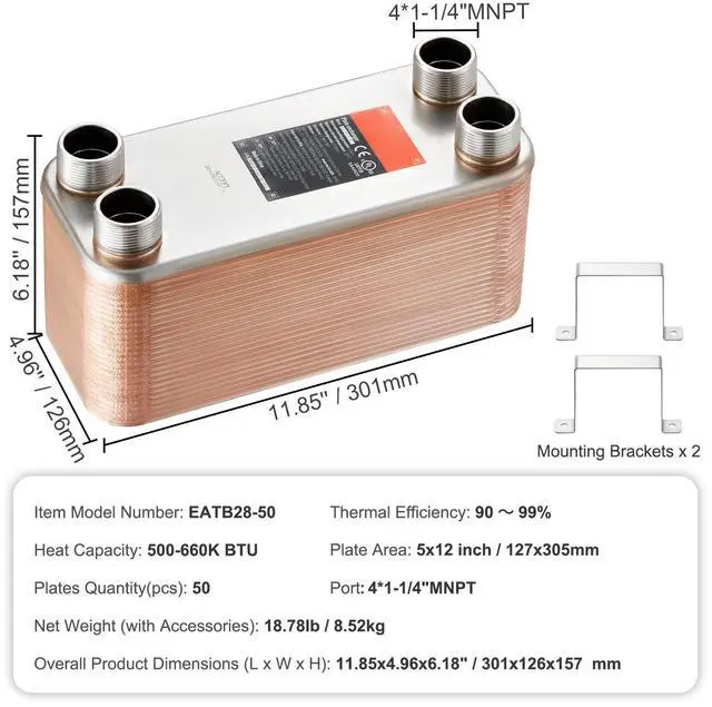 Alt view image 8 of 8 - VEVOR Heat Exchanger, 5"x 12" 50 Plates Brazed Plate Heat Exchanger, Copper/316L Stainless Steel Water To Water Heat Exchanger For Floor Heating, Water Heating, Snow Melting, Beer Cooling