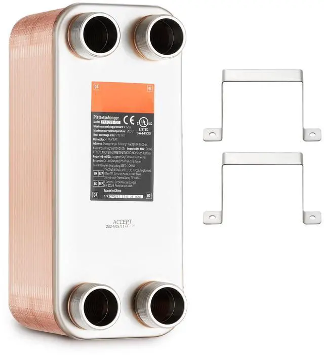 Alt view image 2 of 8 - VEVOR Heat Exchanger, 5"x 12" 50 Plates Brazed Plate Heat Exchanger, Copper/316L Stainless Steel Water To Water Heat Exchanger For Floor Heating, Water Heating, Snow Melting, Beer Cooling