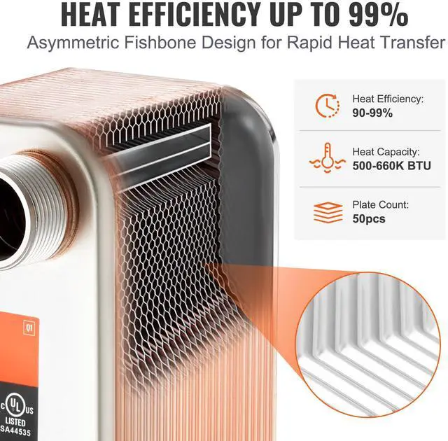 Alt view image 4 of 8 - VEVOR Heat Exchanger, 5"x 12" 50 Plates Brazed Plate Heat Exchanger, Copper/316L Stainless Steel Water To Water Heat Exchanger For Floor Heating, Water Heating, Snow Melting, Beer Cooling
