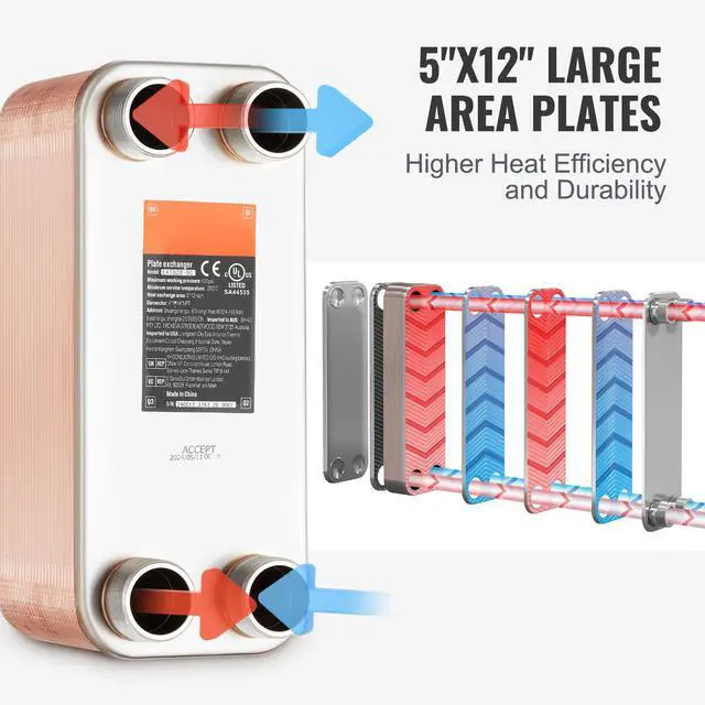 Alt view image 5 of 8 - VEVOR Heat Exchanger, 5"x 12" 50 Plates Brazed Plate Heat Exchanger, Copper/316L Stainless Steel Water To Water Heat Exchanger For Floor Heating, Water Heating, Snow Melting, Beer Cooling