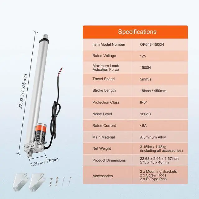 Alt view image 14 of 14 - VEVOR Linear Actuator 12V, 18 Inch High Load 330lbs/1500N Linear Actuator, 0.19"/s Linear Motion Actuator with Mounting Bracket and IP54 Protection