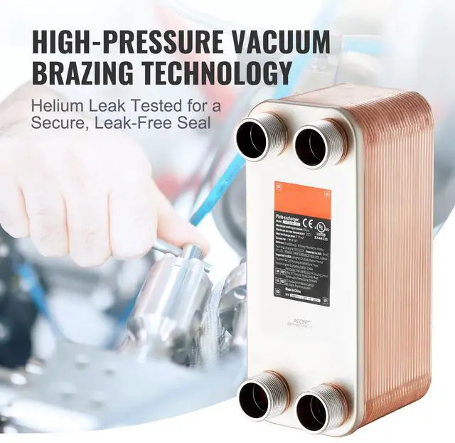 Alt view image 6 of 8 - VEVOR Heat Exchanger, 5"x 12" 50 Plates Brazed Plate Heat Exchanger, Copper/316L Stainless Steel Water To Water Heat Exchanger For Floor Heating, Water Heating, Snow Melting, Beer Cooling