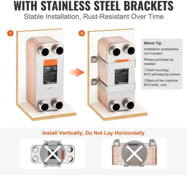 Alt view image 7 of 8 - VEVOR Heat Exchanger, 5"x 12" 50 Plates Brazed Plate Heat Exchanger, Copper/316L Stainless Steel Water To Water Heat Exchanger For Floor Heating, Water Heating, Snow Melting, Beer Cooling