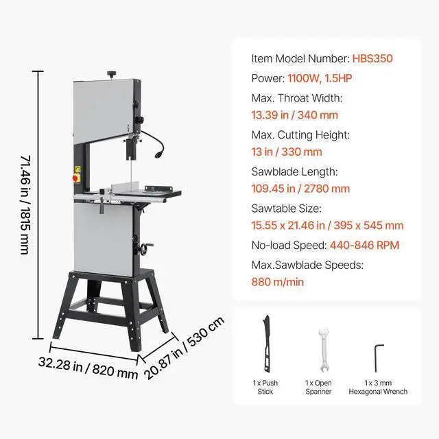 Alt view image 7 of 7 - Band Saw, 13.39-Inch, Benchtop Bandsaw with Stand, 440-846 RPM Continuously Viable Speed, 1100W 1-1/2HP, 110V, Optimized Work Light, and Miter Gauge, for Woodworking Aluminum Wood Metal Copper