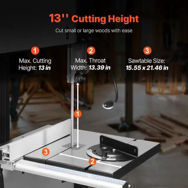 Alt view image 3 of 7 - Band Saw, 13.39-Inch, Benchtop Bandsaw with Stand, 440-846 RPM Continuously Viable Speed, 1100W 1-1/2HP, 110V, Optimized Work Light, and Miter Gauge, for Woodworking Aluminum Wood Metal Copper