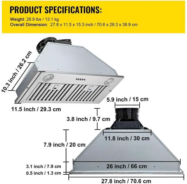 Alt view image 15 of 15 - VEVOR Insert Range Hood, 800CFM 3-Speed, 30 Inch Stainless Steel Built-in Kitchen Vent with Push Button Control LED Lights Baffle Filters, Ducted/Ductless Convertible, ETL Listed