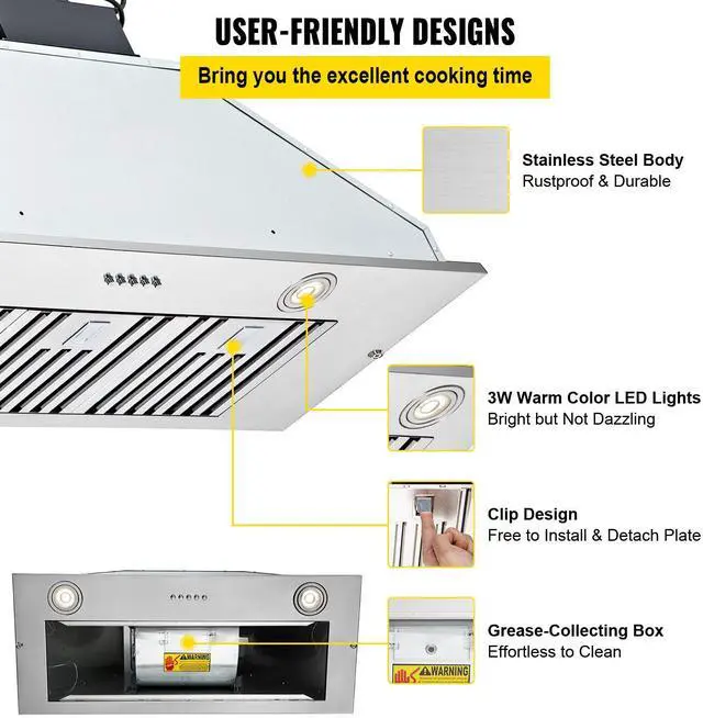 Alt view image 15 of 16 - VEVOR Insert Range Hood, 800CFM 3-Speed, 36 Inch Stainless Steel Built-in Kitchen Vent with Push Button Control LED Lights Baffle Filters, Ducted/Ductless Convertible, ETL Listed