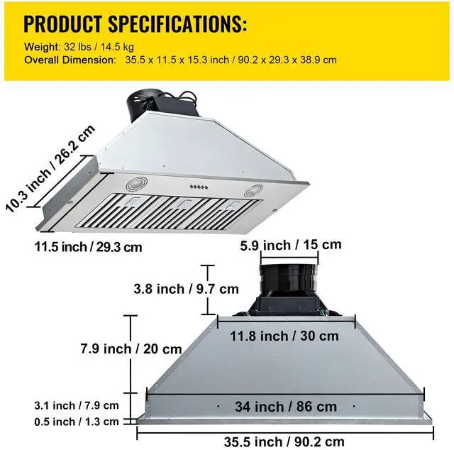 Alt view image 16 of 16 - VEVOR Insert Range Hood, 800CFM 3-Speed, 36 Inch Stainless Steel Built-in Kitchen Vent with Push Button Control LED Lights Baffle Filters, Ducted/Ductless Convertible, ETL Listed