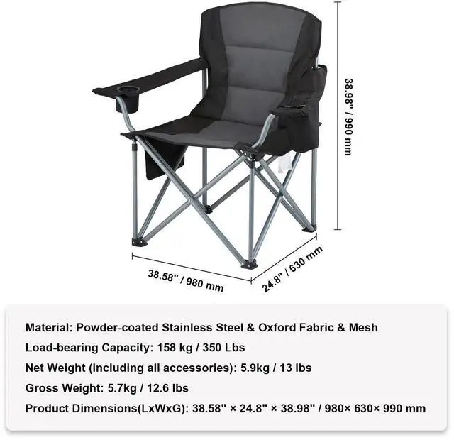 Alt view image 14 of 14 - VEVOR Camping Folding Chair for Adults, Portable Heavy Duty Outdoor Quad Lumbar Back Padded Arm Chairs with Side Pockets, Cup Holder and Cooler Bag for Beach, Lawn, Picnic, Fishing, Backpacking, Black