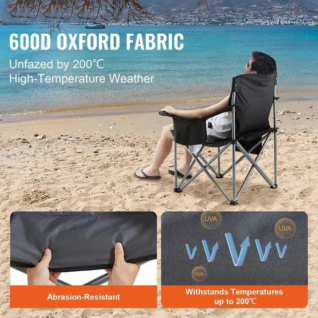 Alt view image 9 of 14 - VEVOR Camping Folding Chair for Adults, Portable Heavy Duty Outdoor Quad Lumbar Back Padded Arm Chairs with Side Pockets, Cup Holder and Cooler Bag for Beach, Lawn, Picnic, Fishing, Backpacking, Black