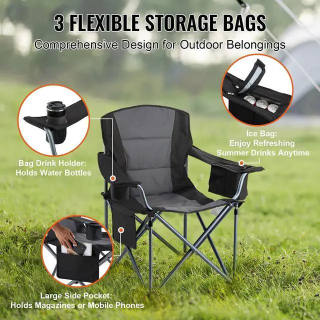 Alt view image 12 of 14 - VEVOR Camping Folding Chair for Adults, Portable Heavy Duty Outdoor Quad Lumbar Back Padded Arm Chairs with Side Pockets, Cup Holder and Cooler Bag for Beach, Lawn, Picnic, Fishing, Backpacking, Black