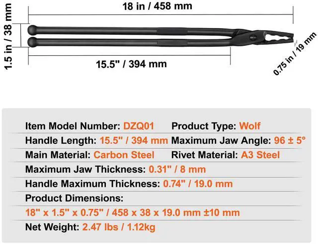 Alt view image 14 of 14 - VEVOR Blacksmith Tongs, 18 Wolf Jaw Tongs, Carbon Steel Forge Tongs with A3 Steel Rivets, for Horseshoes, Curved Shapes, Block Forgings, for Beginner and Seasoned Blacksmiths and Bladesmiths