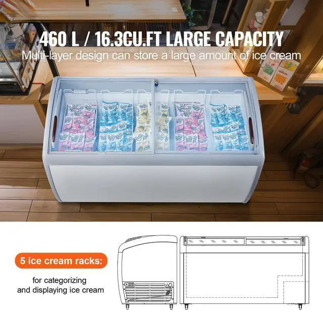 Alt view image 2 of 7 - Commercial Ice Cream Display Case, 16.3 Cu.ft Chest Freezer, Mobile Glass Top Deep Freezer, Restaurant Gelato Dipping Cabinet with 5 Wire Baskets, 2 Sliding Glass Doosr, Locking Casters, White