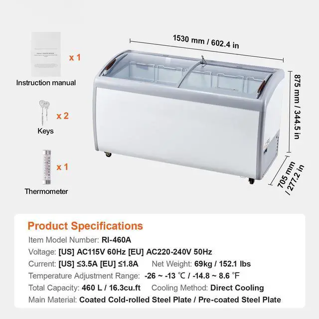 Alt view image 7 of 7 - Commercial Ice Cream Display Case, 16.3 Cu.ft Chest Freezer, Mobile Glass Top Deep Freezer, Restaurant Gelato Dipping Cabinet with 5 Wire Baskets, 2 Sliding Glass Doosr, Locking Casters, White