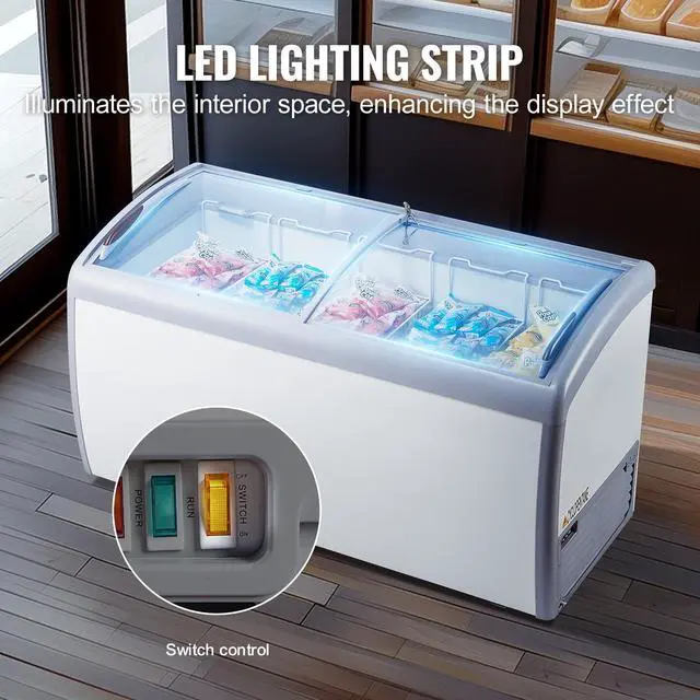 Alt view image 5 of 7 - Commercial Ice Cream Display Case, 16.3 Cu.ft Chest Freezer, Mobile Glass Top Deep Freezer, Restaurant Gelato Dipping Cabinet with 5 Wire Baskets, 2 Sliding Glass Doosr, Locking Casters, White