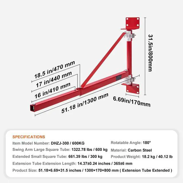 Alt view image 14 of 14 - VEVOR Electric Hoist Support Arm, 1320 lbs Max Load Capacity, Electric Hoist Holder Swing Arm with Pole, Steel Hoist Frame, 180° Swivel Scaffold Hoist Lifting Arm, Winch Hoist Arm for Workshop, Garage