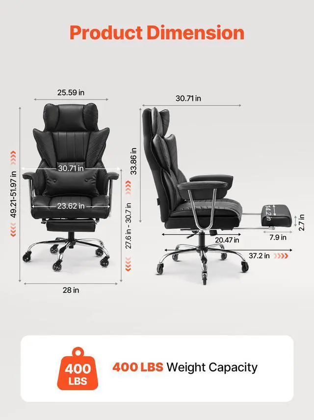 Alt view image 10 of 14 - VEVOR  Executive Office Chair with Footrest, 400 lbs Capacity With Heavy Duty PU Leather Wide Office Chair, Big and Tall Reclining Office Chairs with Lumbar Support, Strong Metal Base Quiet Wheels, B